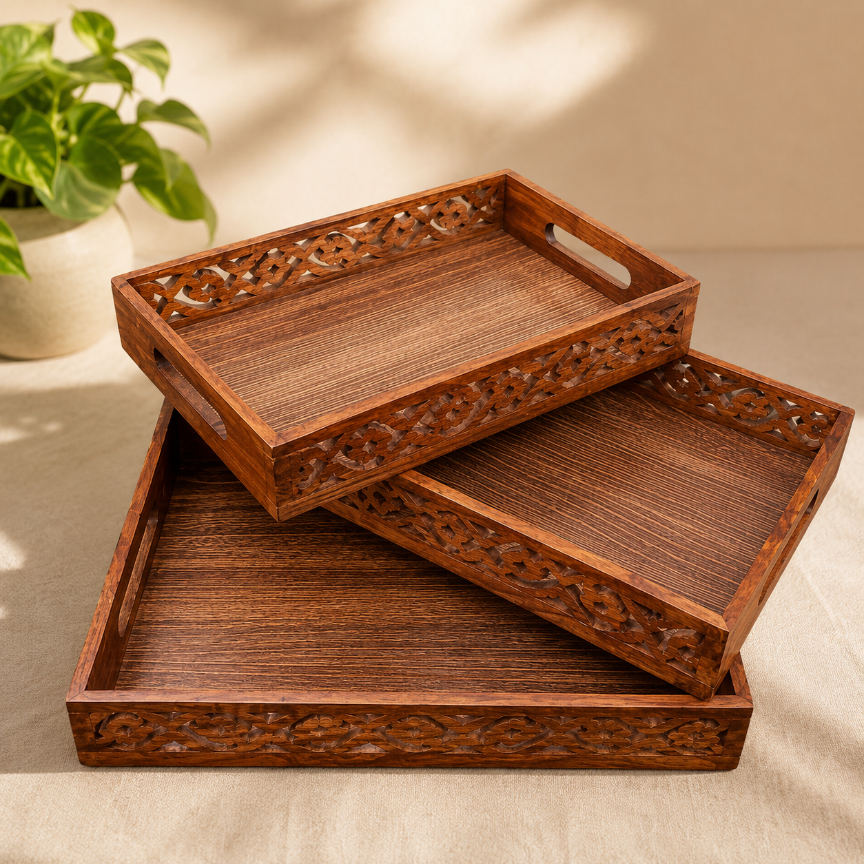Carved Serving Tray Set of 3 - Side Cut Work Tray Set