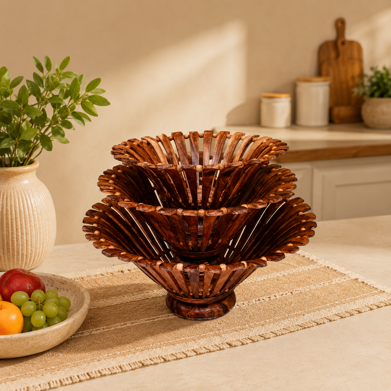 Wooden Fruit Baskets Set of 3 - Sheesham Wood Fruit Bowls