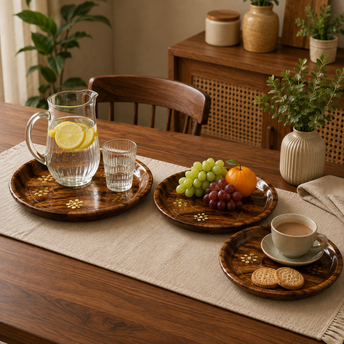 Handcrafted Sheesham wood round serving tray set of 3 with brass inlay