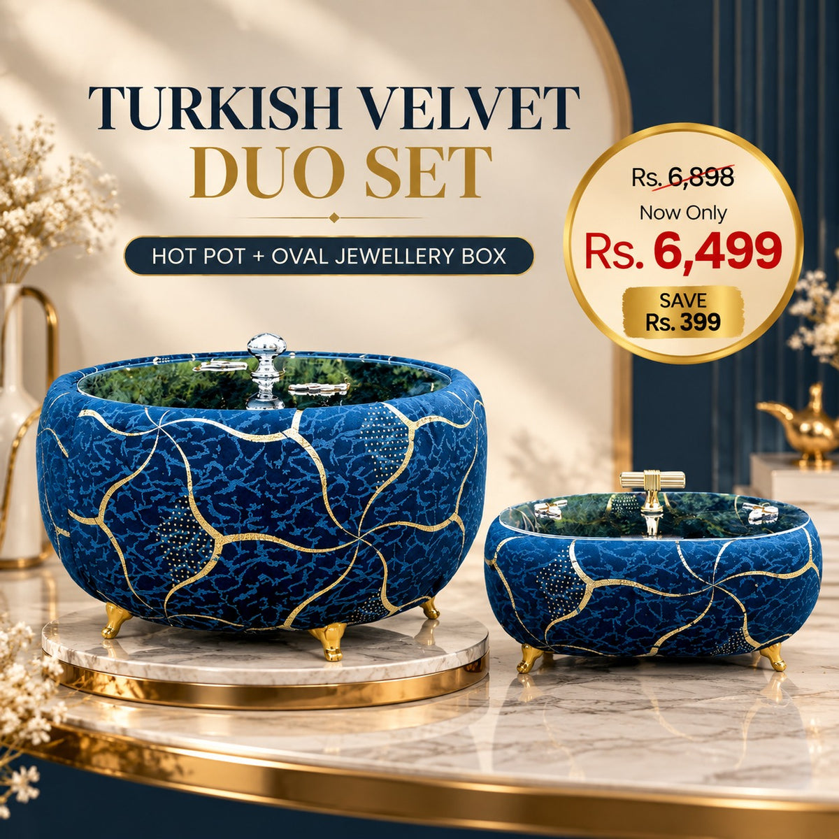 Turkish Velvet Hotpot & Oval Jewellery Box Combo