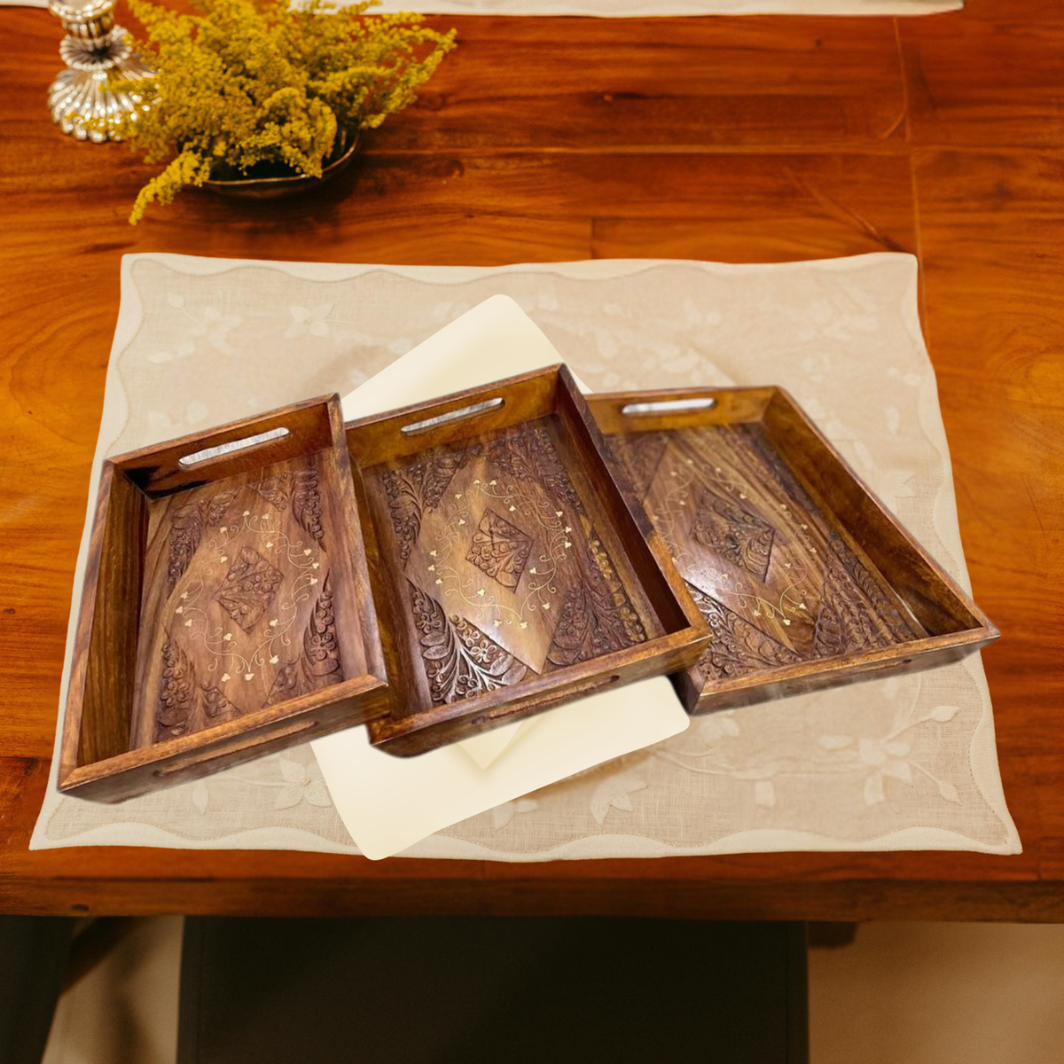 Sheesham Wood Serving Tray Set | Wooden Tea & Coffee Trays