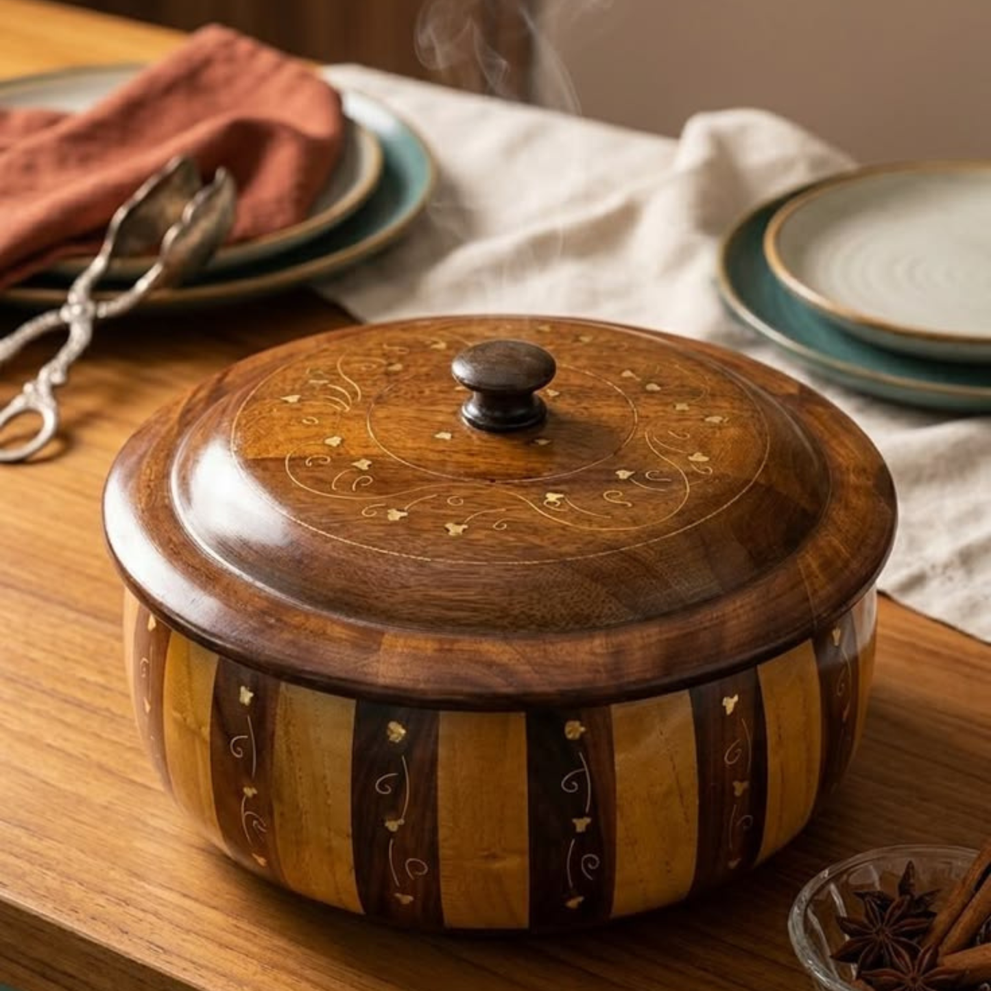 Handcrafted Sheesham Wood Striped Roti Box – Traditional Brass Inlay Serving Hotpot