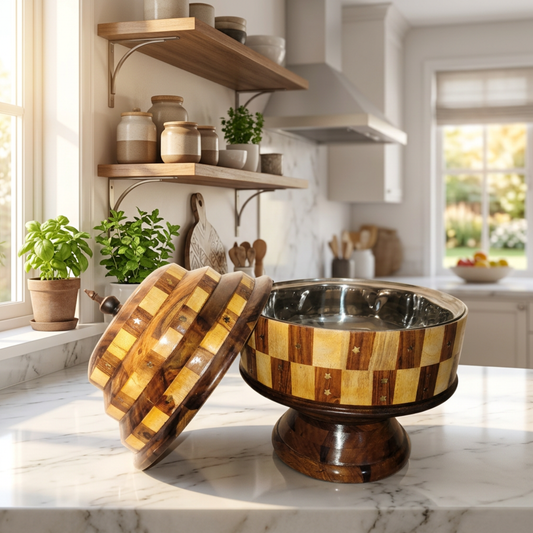 Sheesham Wood Hotpot with Stainless Steel Inner Bowl