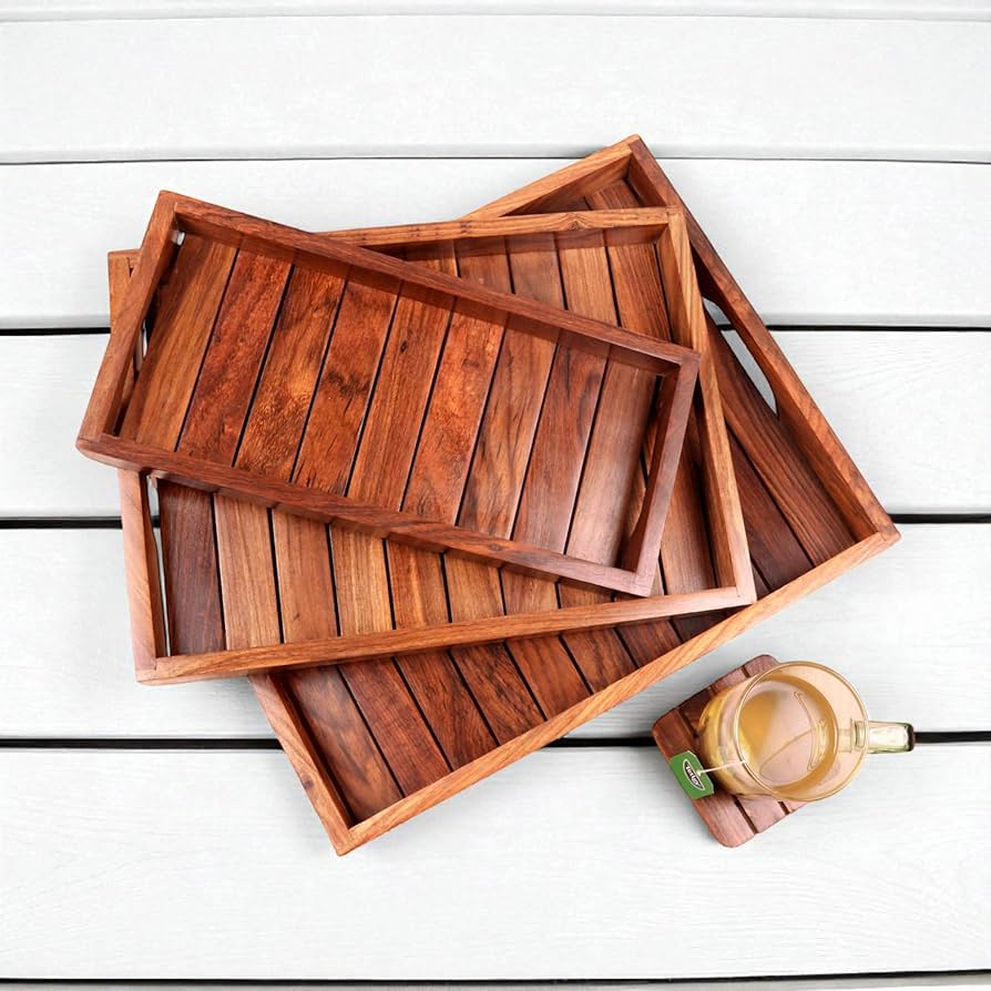 Handcrafted Sheesham Wood Serving Tray Set of 3