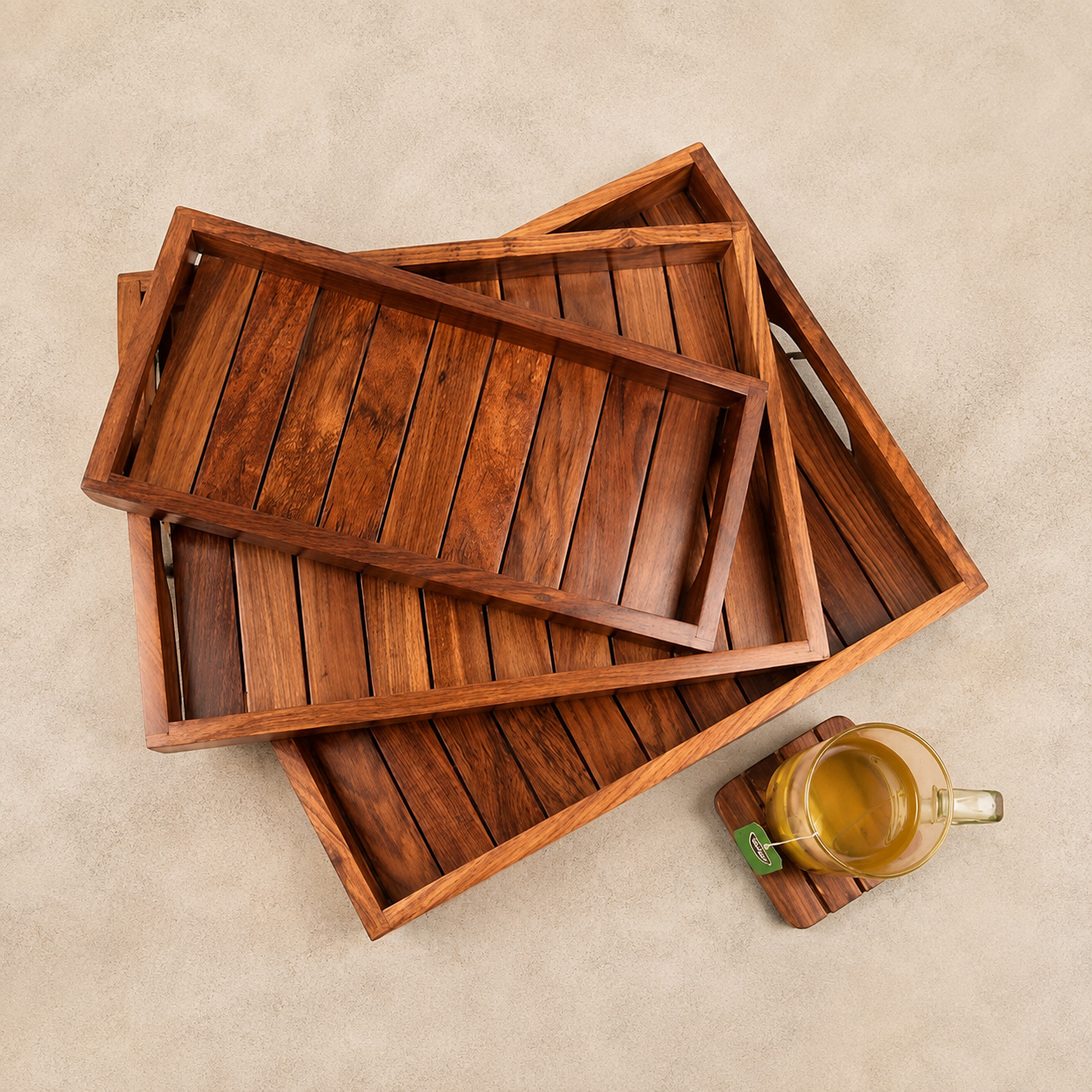 Handcrafted Sheesham Wood Serving Tray Set of 3