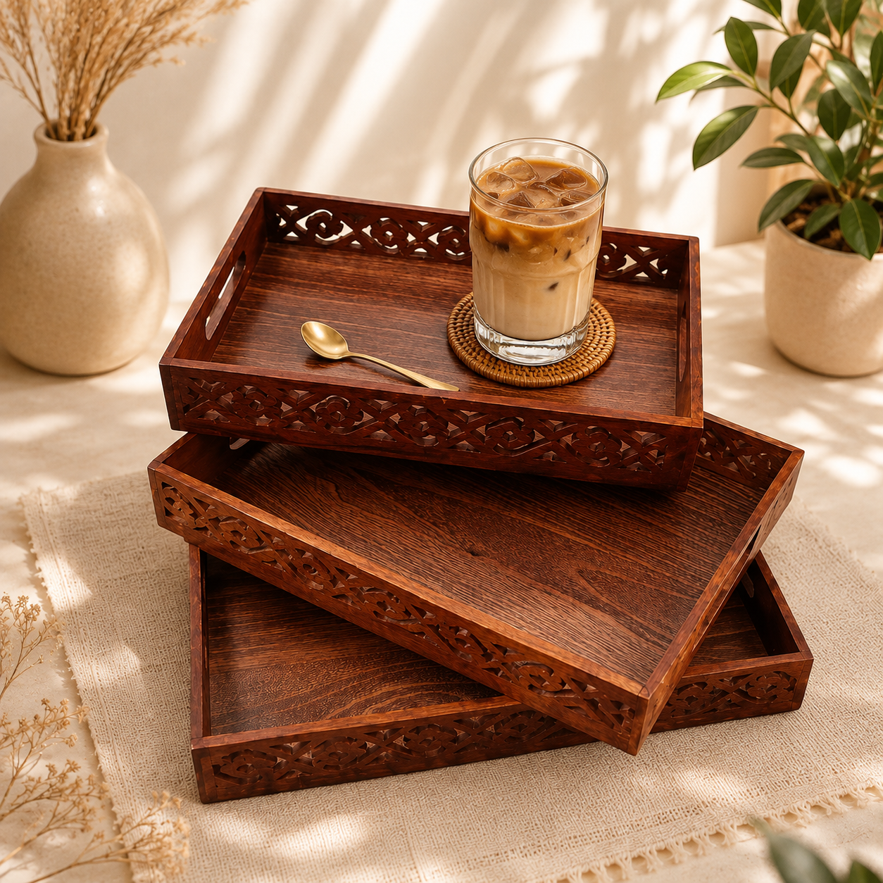 Carved Serving Tray Set of 3 - Side Cut Work Tray Set