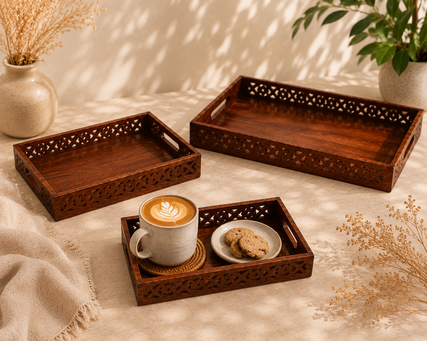 Carved Serving Tray Set of 3 - Side Cut Work Tray Set