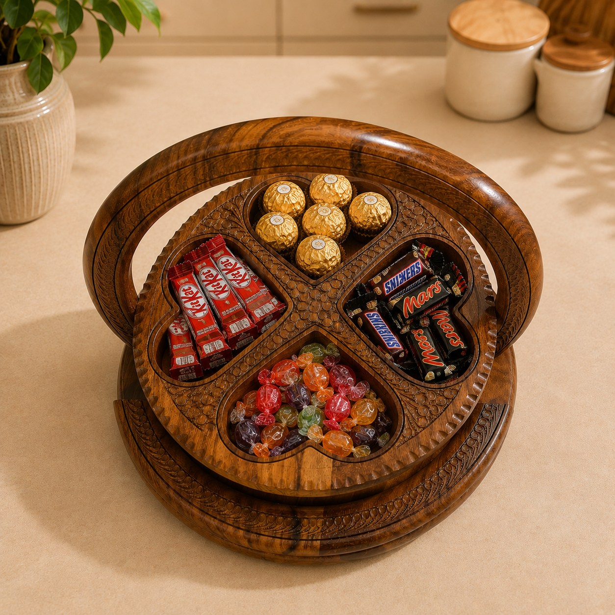 Sheesham Wood Dry Fruit Basket | 4 Section Wooden Serving Basket