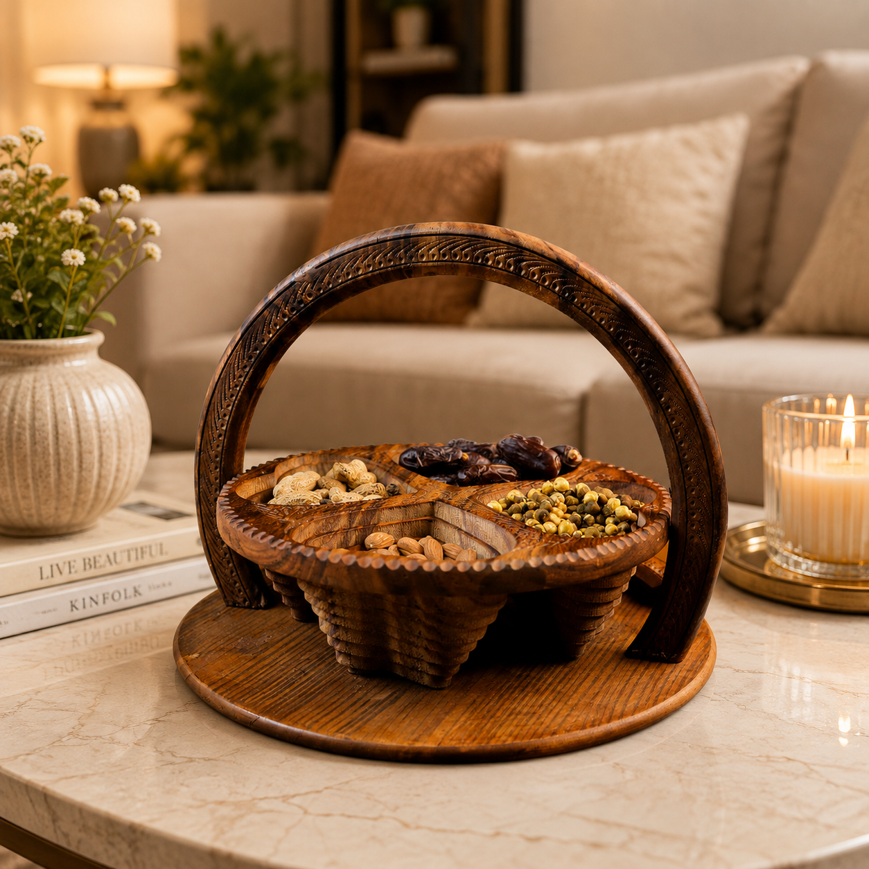 Sheesham Wood Dry Fruit Basket | 4 Section Wooden Serving Basket
