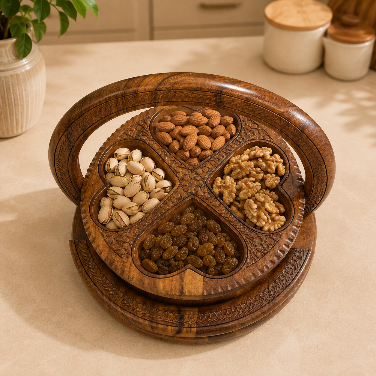 Sheesham Wood Dry Fruit Basket | 4 Section Wooden Serving Basket