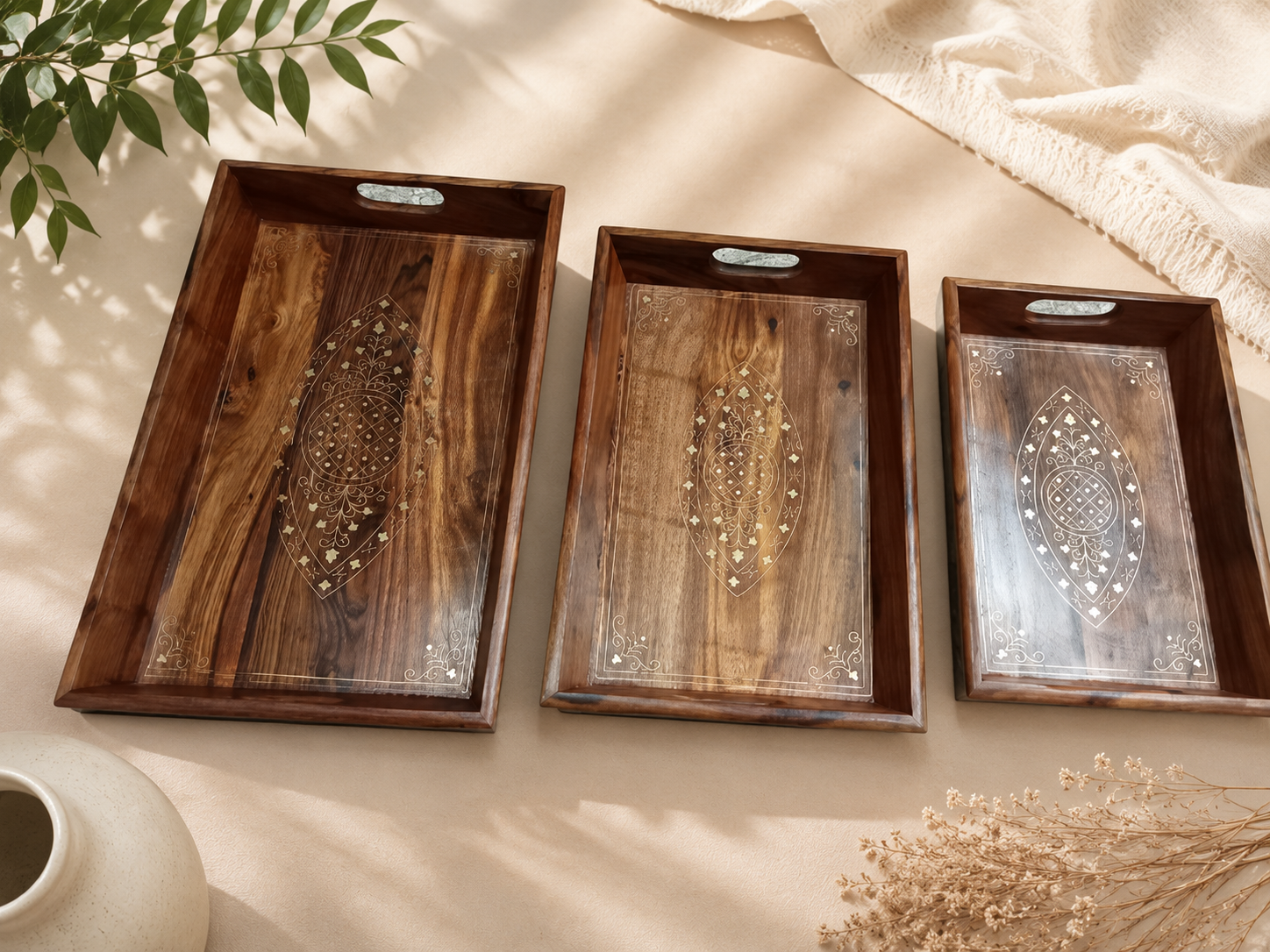 Handcrafted Sheesham wood serving tray set of 3 with brass inlay