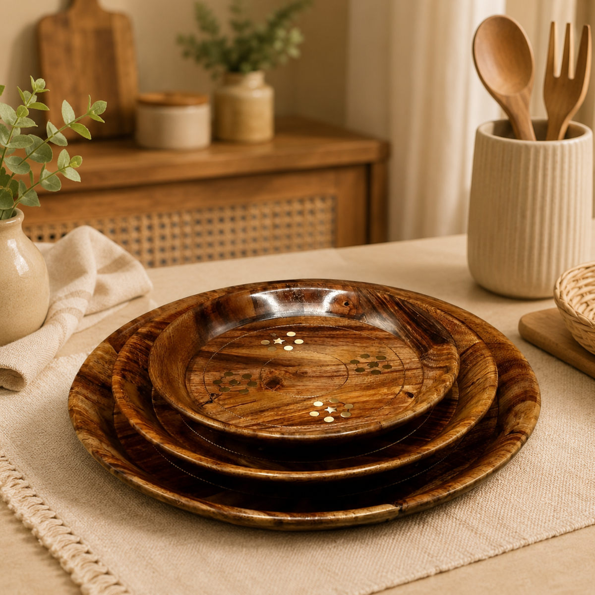 Handcrafted Sheesham wood round serving tray set of 3 with brass inlay