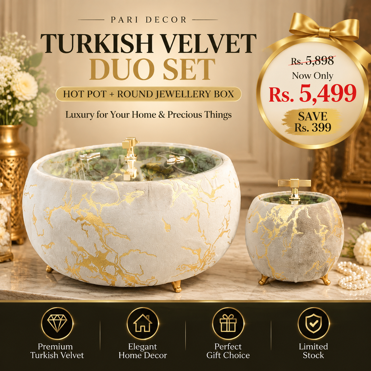 Turkish Velvet Hotpot & Round Jewellery Box Set