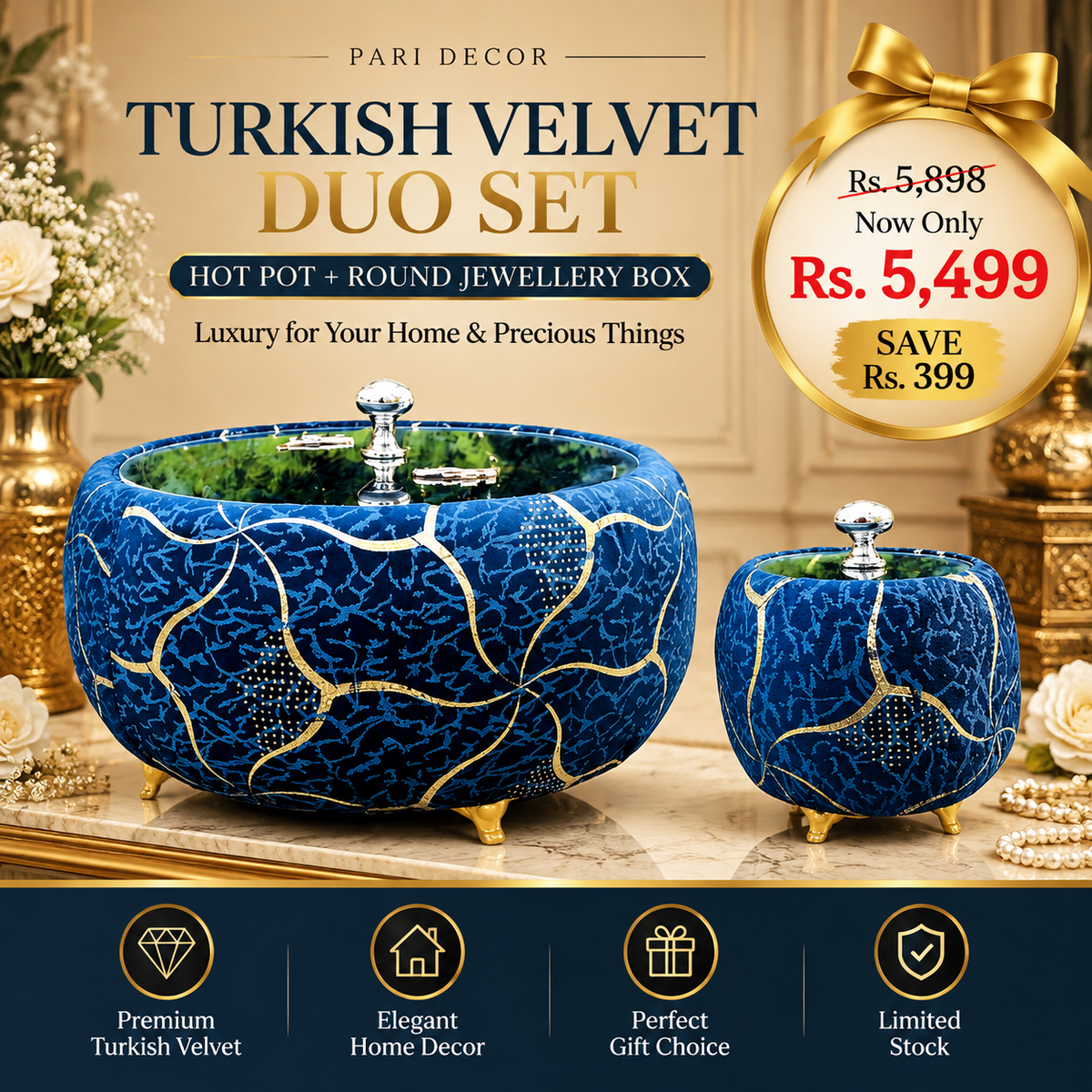 Turkish Velvet Hotpot & Round Jewellery Box Set
