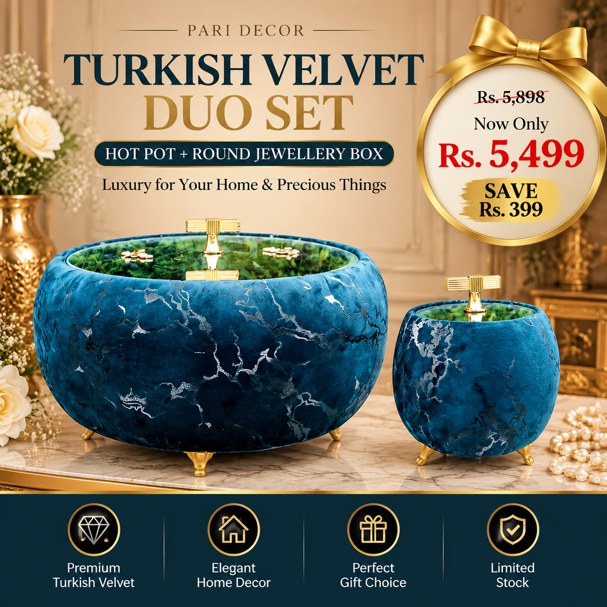 Turkish Velvet Hotpot & Round Jewellery Box Set