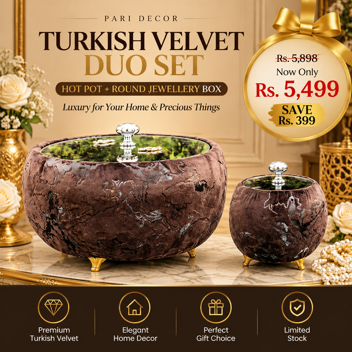 Turkish Velvet Hotpot & Round Jewellery Box Set
