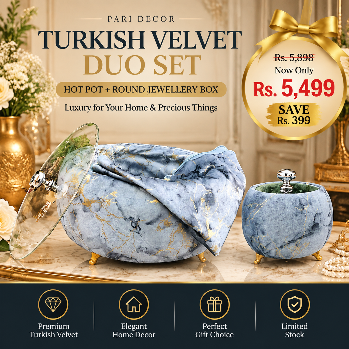 Turkish Velvet Hotpot & Round Jewellery Box Set