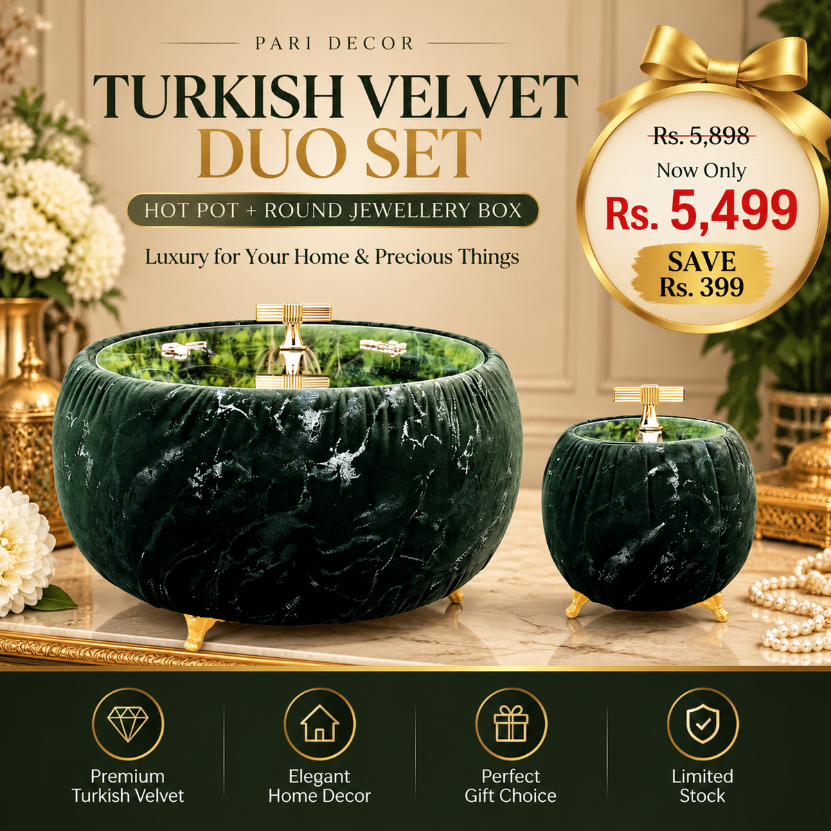 Turkish Velvet Hotpot & Round Jewellery Box Set