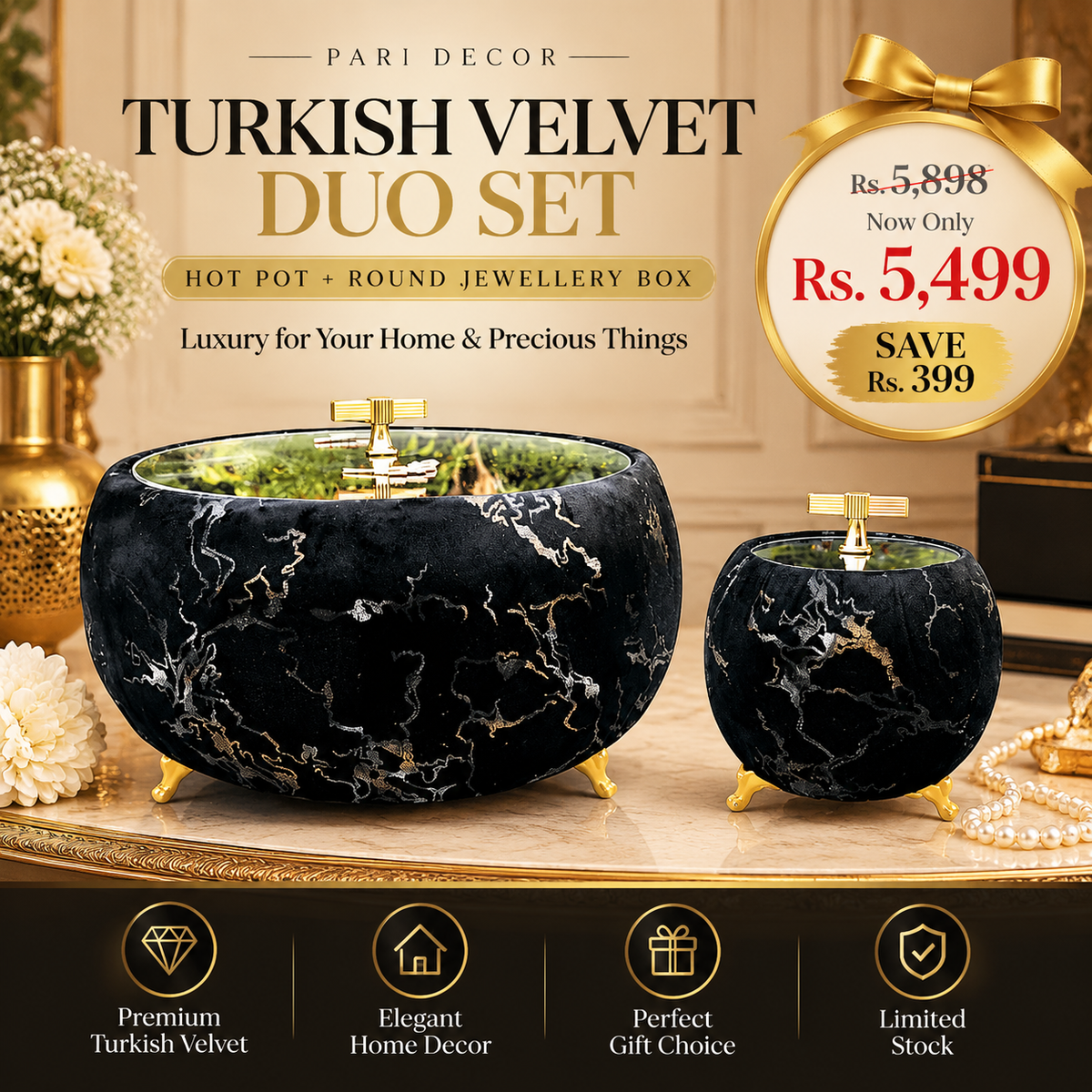 Turkish Velvet Hotpot & Round Jewellery Box Set