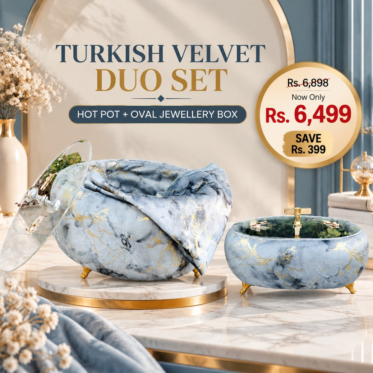 Turkish Velvet Hotpot & Oval Jewellery Box Combo