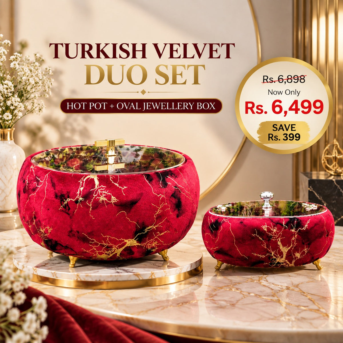 Turkish Velvet Hotpot & Oval Jewellery Box Combo