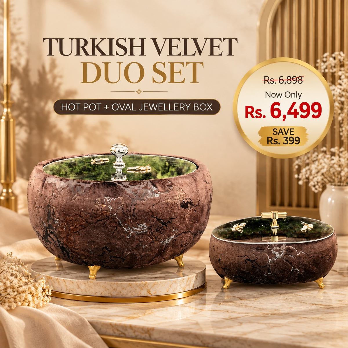 Turkish Velvet Hotpot & Oval Jewellery Box Combo